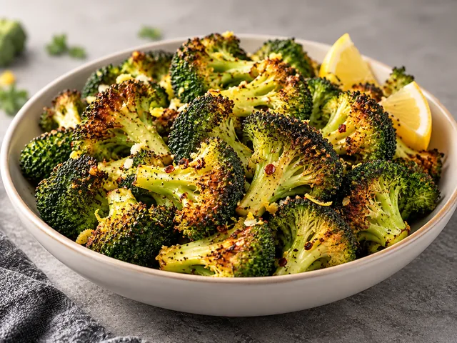 Crispy air fryer broccoli florets with lemon and seasoning