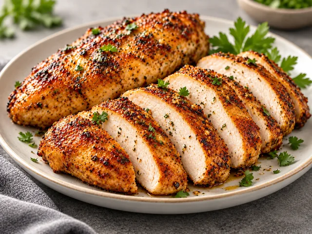 Juicy sliced air fryer chicken breast on a plate with herbs