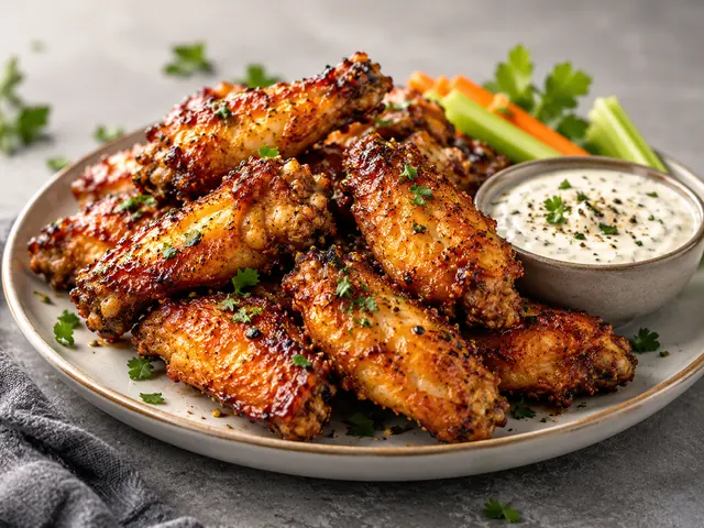 Golden crispy air fryer chicken wings with dipping sauce