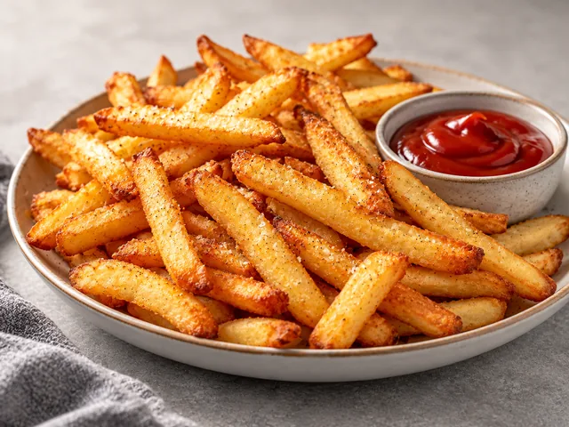 Golden crispy air fryer frozen fries served with ketchup