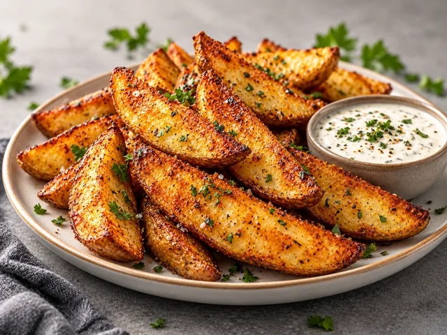Crispy air fryer potato wedges with creamy dipping sauce