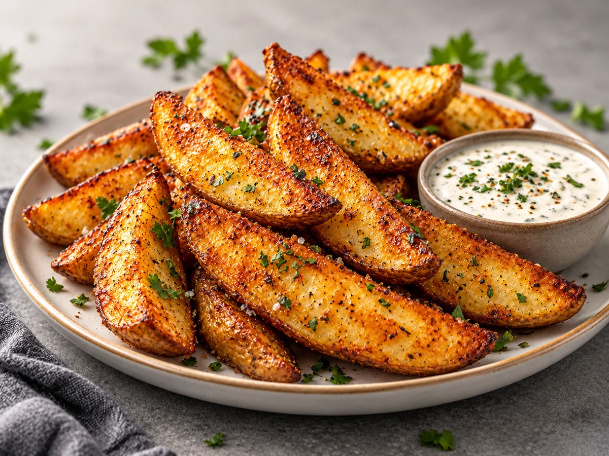 Crispy air fryer potato wedges with creamy dipping sauce