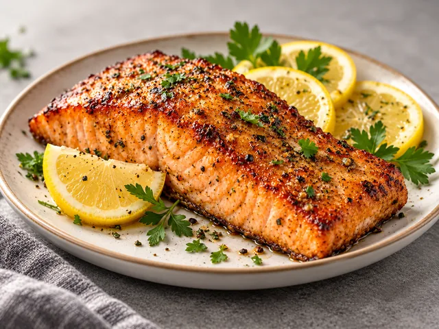 Air fryer salmon fillet served with lemon slices and herbs