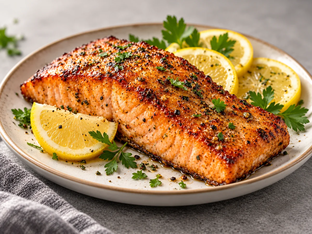 Air fryer salmon fillet served with lemon slices and herbs